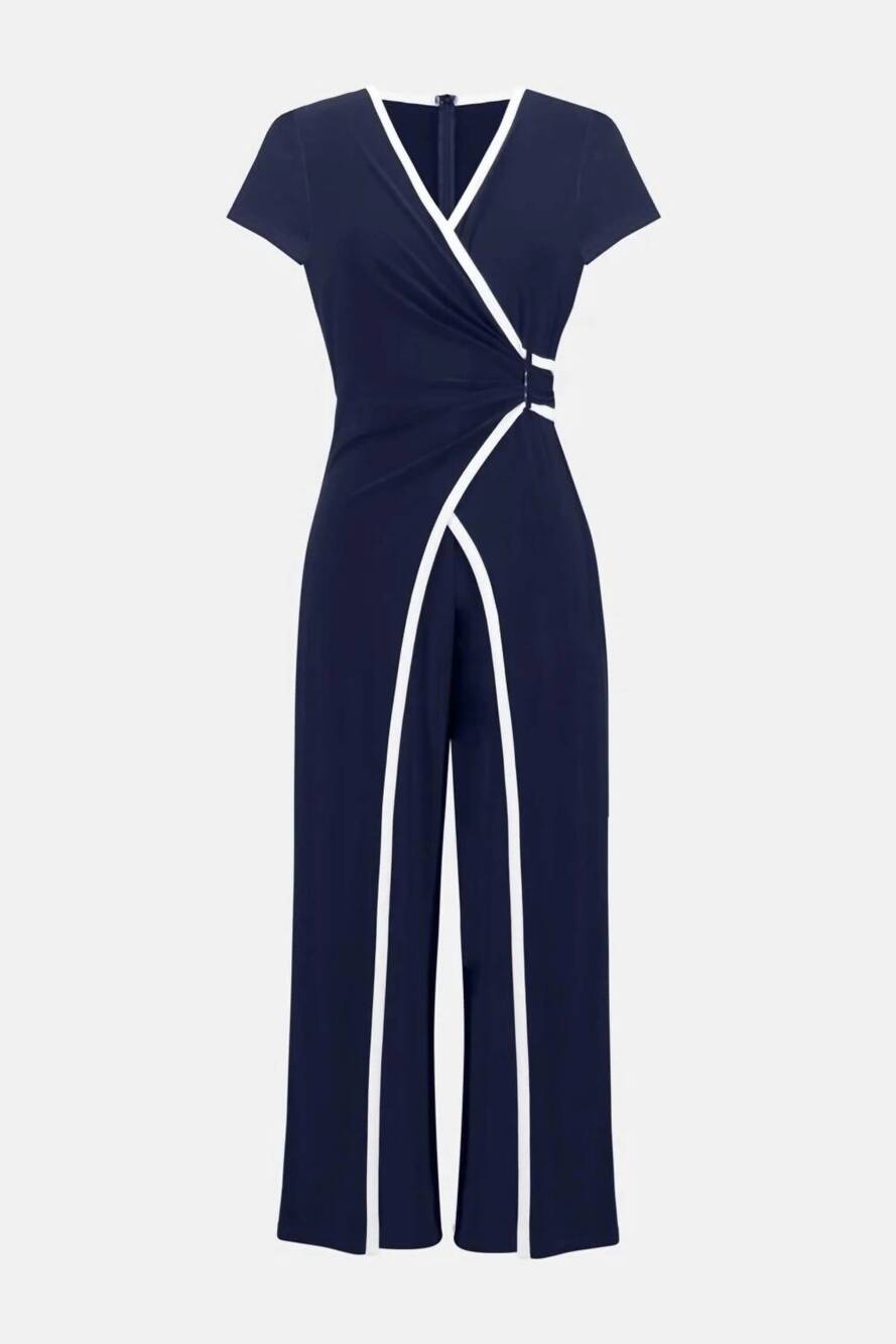 NEW JOSEPH RIBKOFF women's formal v neck jumpsuit in midnight blue/vanilla